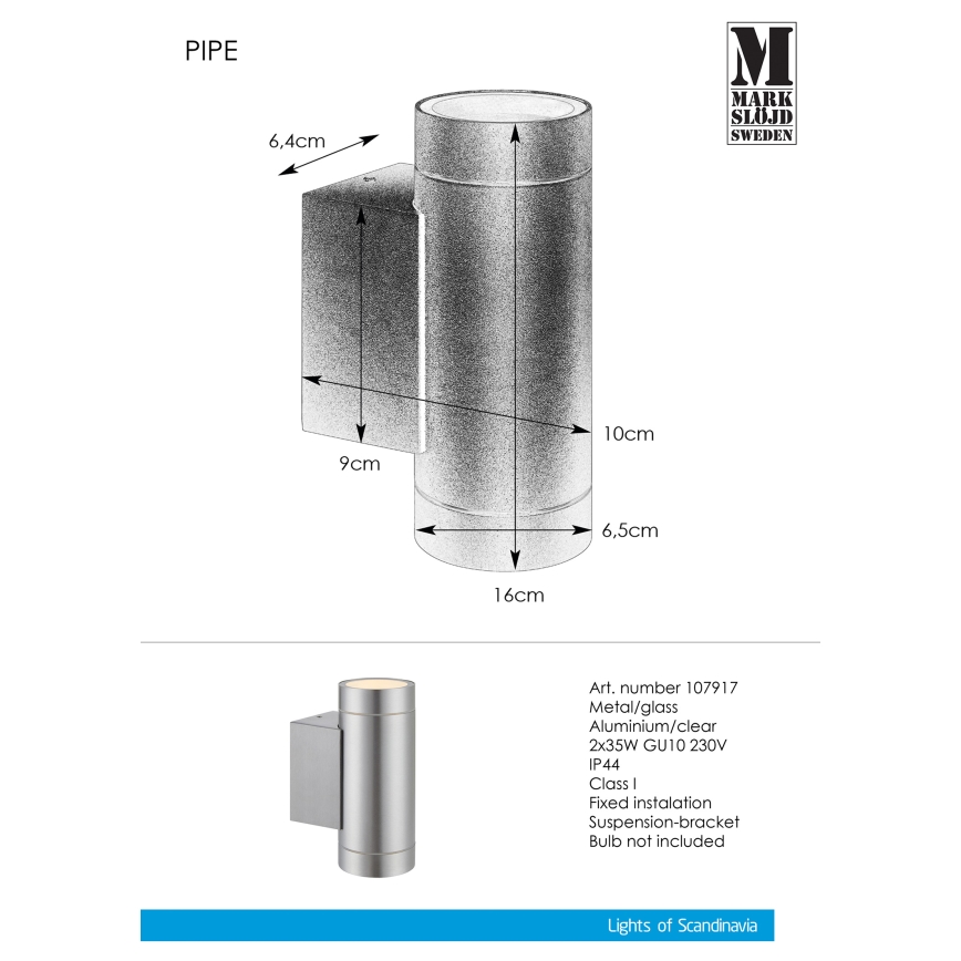 Markslöjd 107917 - Spoljašnja zidna lampa PIPE 2xGU10/35W/230V IP44