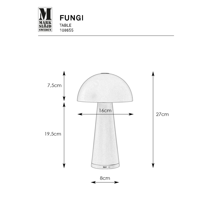 Markslöjd 108655 - LED Prigušiva punjiva lampa FUNGI LED/1,5W/5V IP44 crno