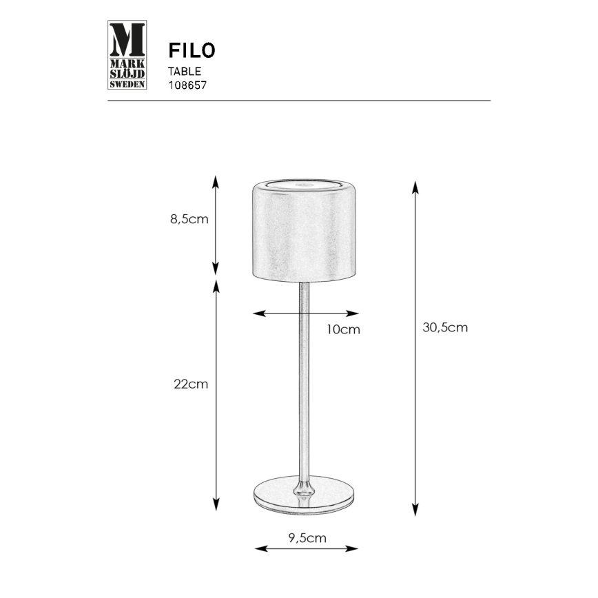 Markslöjd 108657 - LED Prigušiva punjiva stona lampa FILO LED/2W/5V IP44 30 cm crno