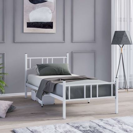Metalni jednokrevetni krevet PIRON 90x200 cm, beli, maksimalna nosivost 120 kg