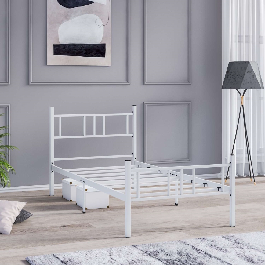 Metalni jednokrevetni krevet PIRON 90x200 cm, beli, maksimalna nosivost 120 kg