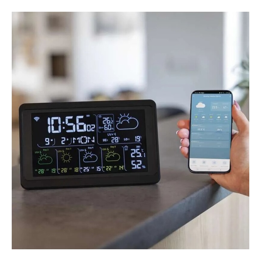Meteorološka stanica sa LCD ekranom GoSmart 5/230V + 3xAAA Wi-Fi Tuya crno