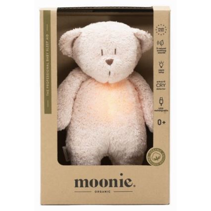 Moonie - Igračka za uspavljivanje sa melodijom i svetlom medvedić organic rose natur