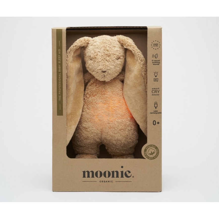 Moonie - Igračka za uspavljivanje sa melodijom i svetlom zečić 2.0 organic cappuccino