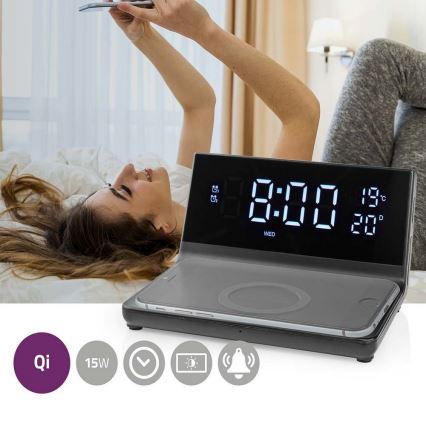 Budilnik sa LCD ekranom i bežičnim punjačem 15W/230V + 1xCR2032 crno