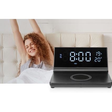 Budilnik sa LCD ekranom i bežičnim punjačem 15W/230V + 1xCR2032 crno