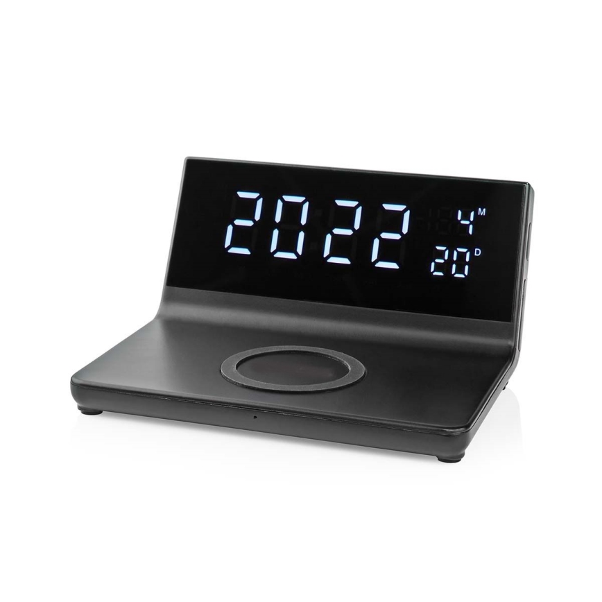 Budilnik sa LCD ekranom i bežičnim punjačem 15W/230V + 1xCR2032 crno
