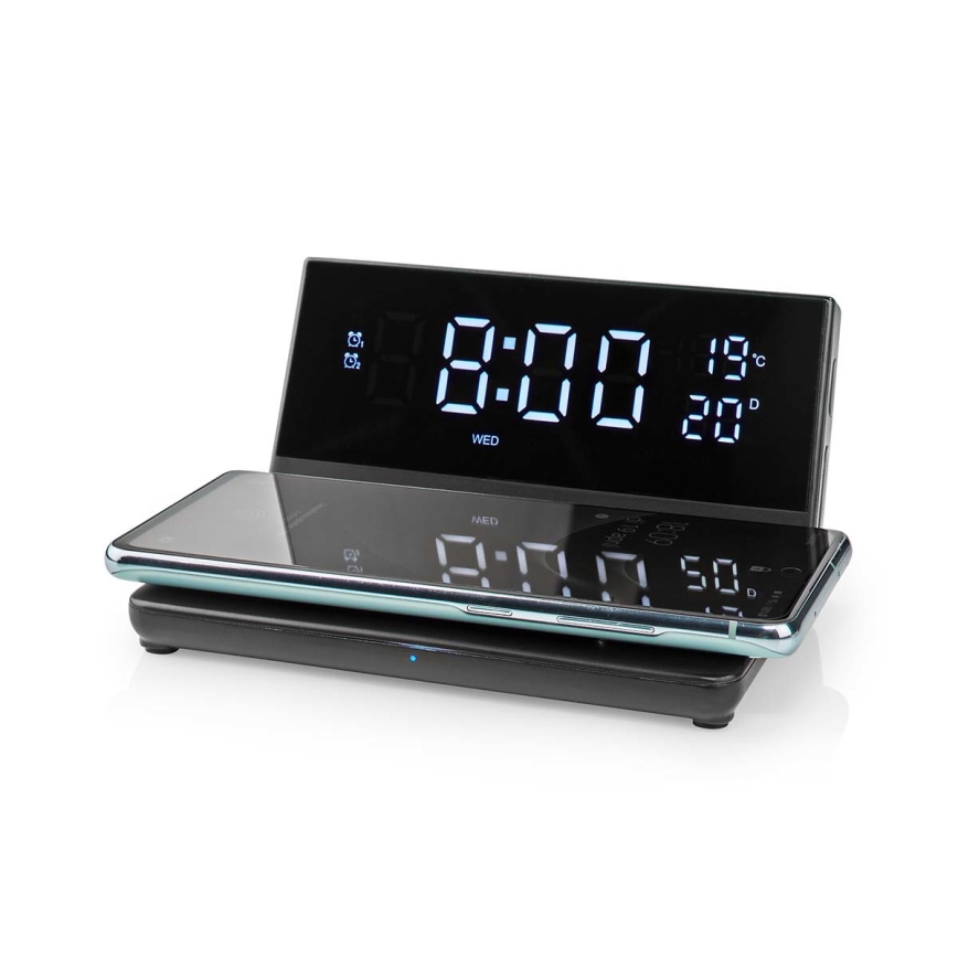 Budilnik sa LCD ekranom i bežičnim punjačem 15W/230V + 1xCR2032 crno