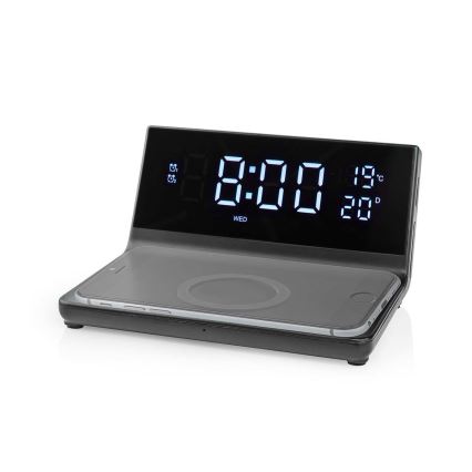 Budilnik sa LCD ekranom i bežičnim punjačem 15W/230V + 1xCR2032 crno