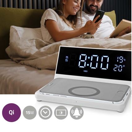 Budilnik sa LCD ekranom i bežičnim punjačem 15W/230V + 1xCR2032 bela