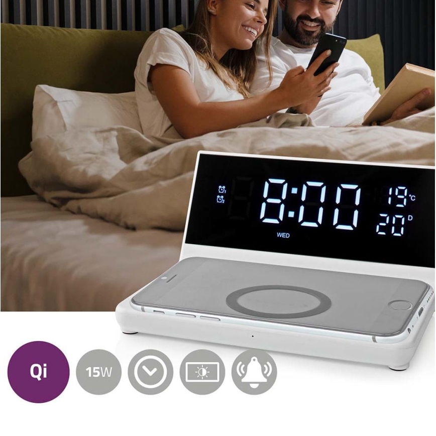 Budilnik sa LCD ekranom i bežičnim punjačem 15W/230V + 1xCR2032 bela