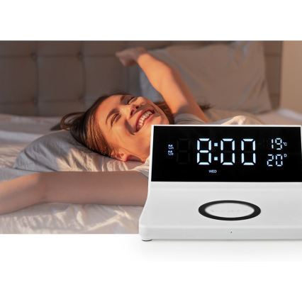 Budilnik sa LCD ekranom i bežičnim punjačem 15W/230V + 1xCR2032 bela