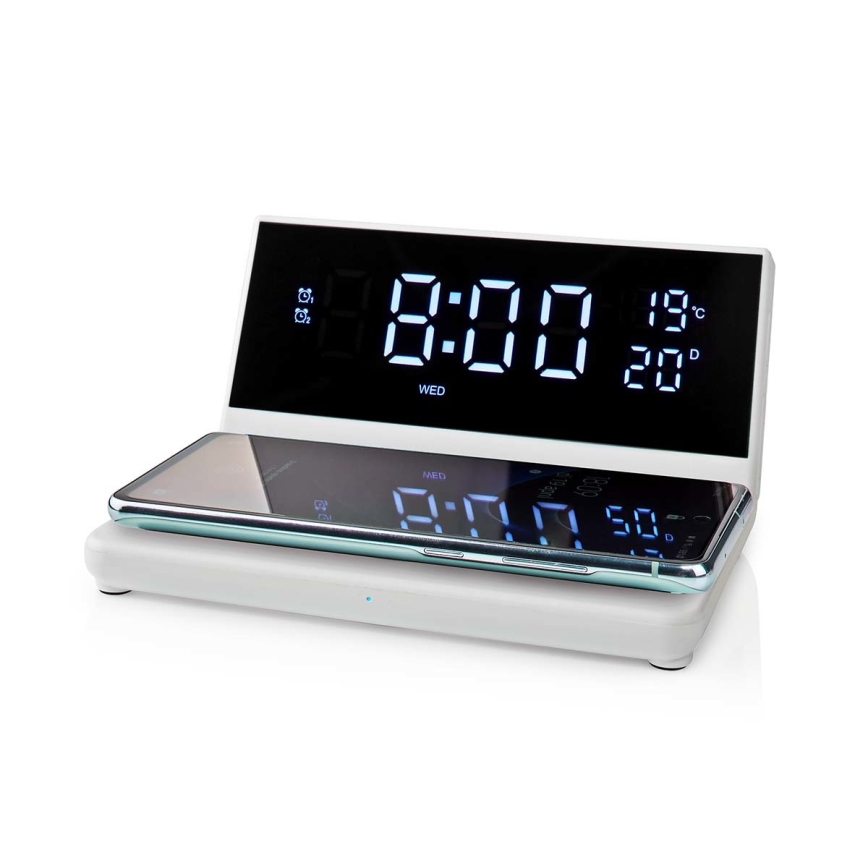 Budilnik sa LCD ekranom i bežičnim punjačem 15W/230V + 1xCR2032 bela