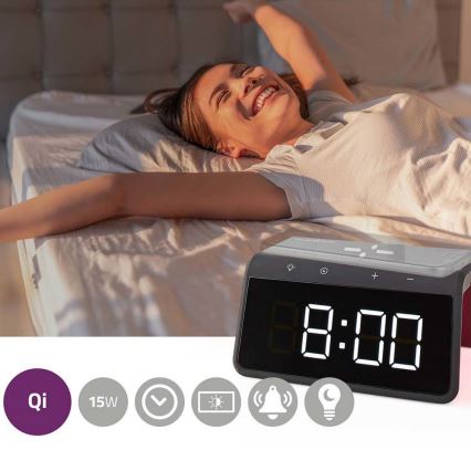 Budilnik sa LCD ekranom i bežičnim punjačem 15W/230V 1x CR2032 crno