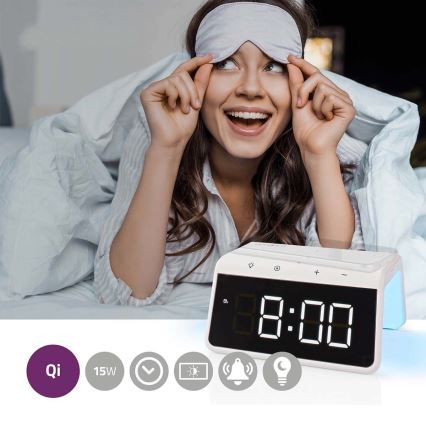 Budilnik sa LCD ekranom i bežičnim punjačem 15W/230V 1x CR2032 bela
