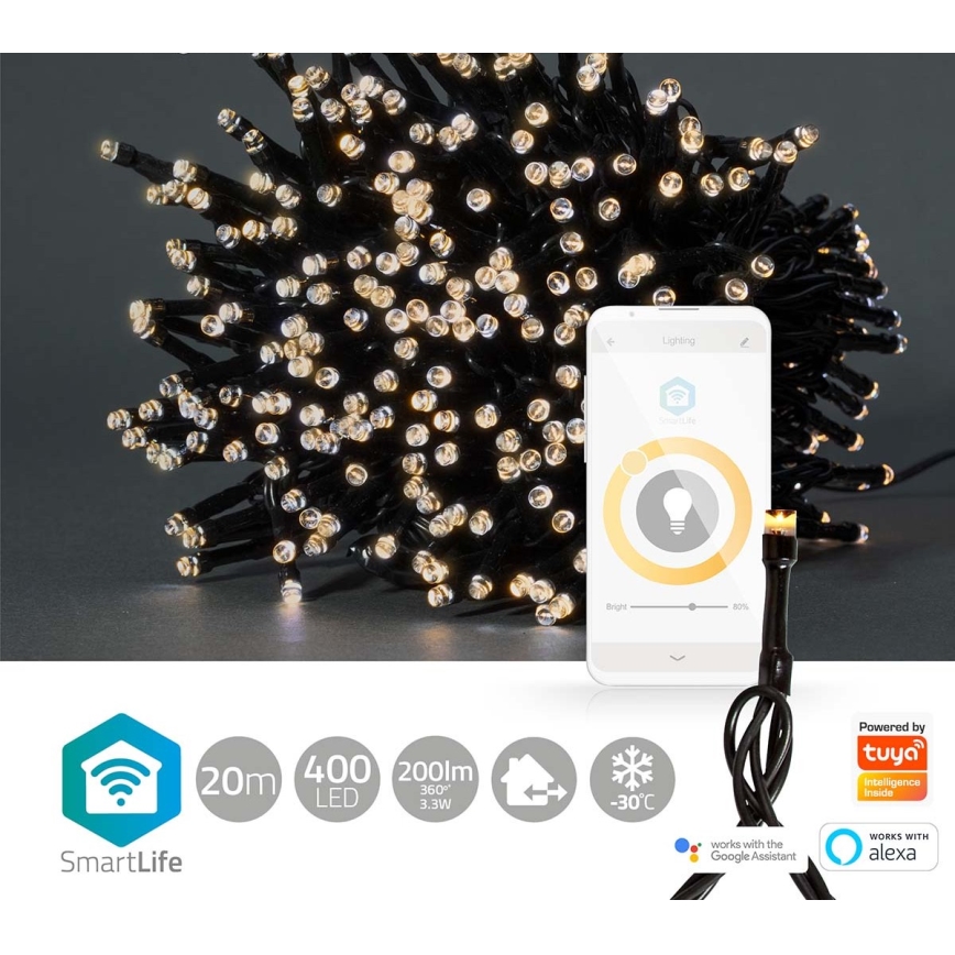 LED spoljni božićni lanac 400 LED/8 funkcija, 25 m, IP65, Wi-Fi Tuya, topla bela