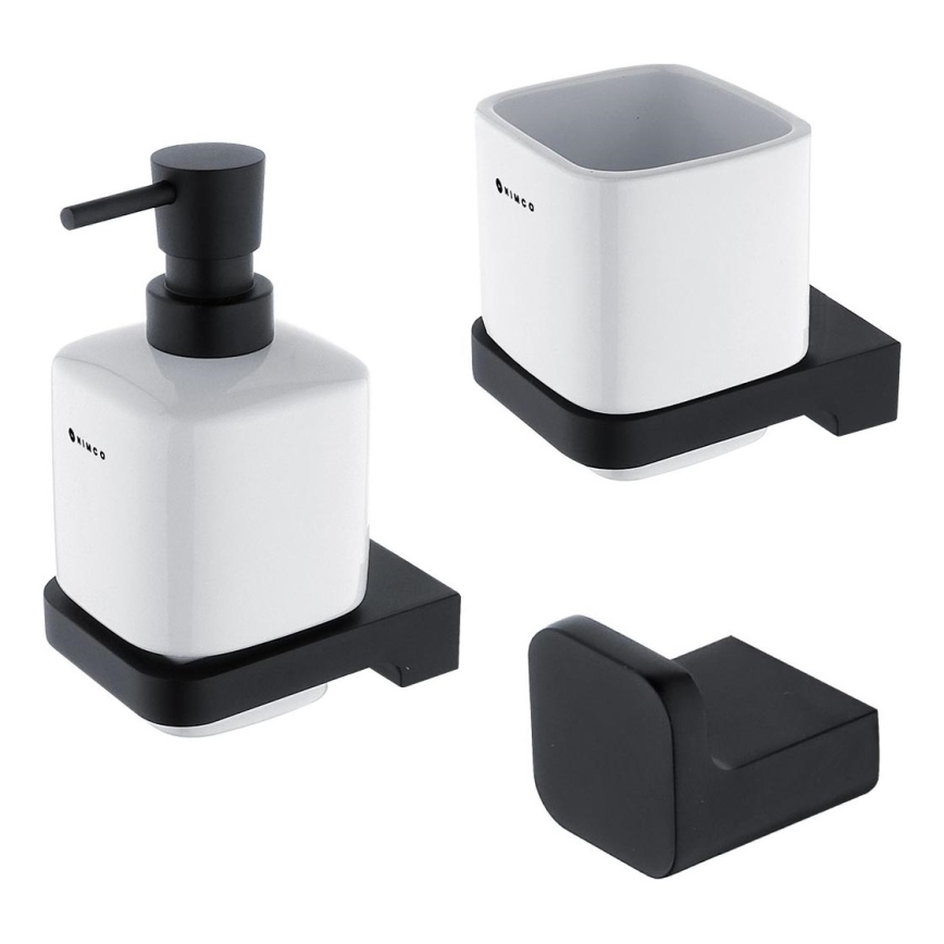 NIMCO MAC set-31K-T-90 - Zidni dozator sapuna, držač četkica za zube i zidna kukica MAYA 320 ml bela/matirana crno