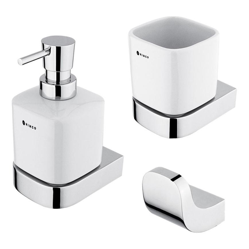 NIMCO NK set-31K-26 - Zidni dozator sapuna, držač četkica za zube i zidna kukica NIKAU 320 ml bela/sjajni krom