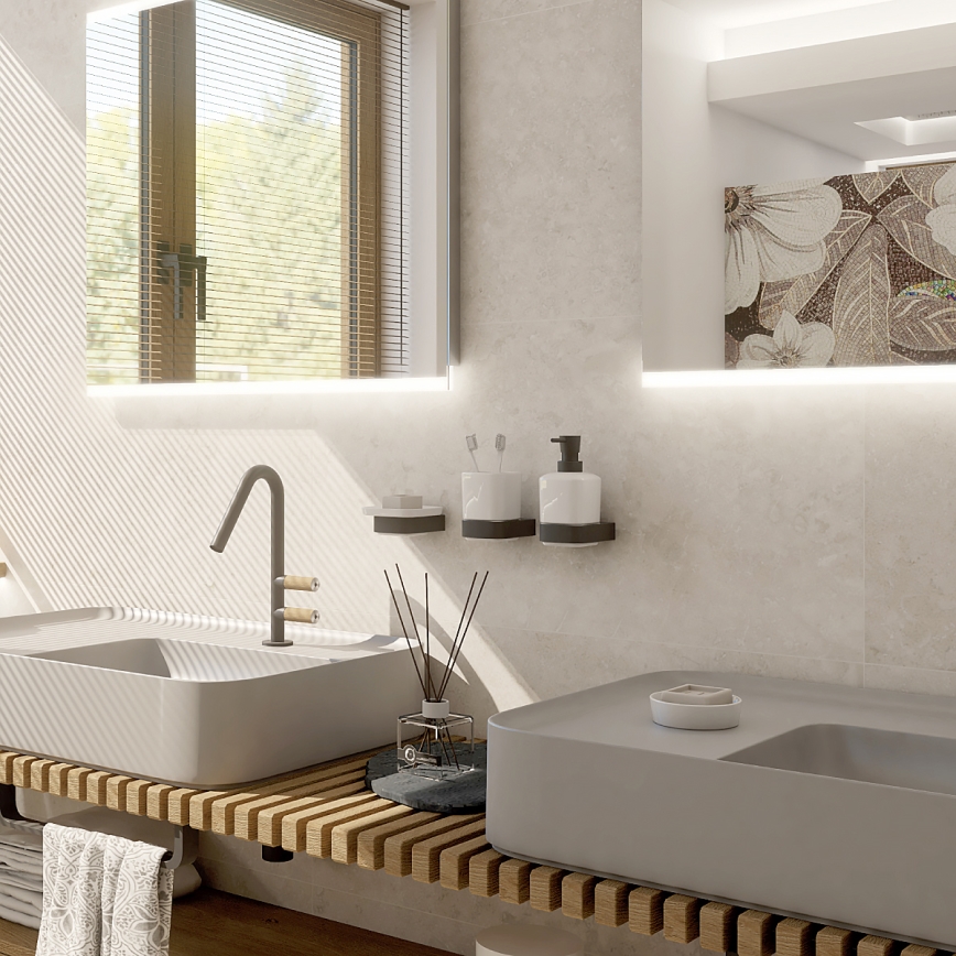 NIMCO NKC set-31K-T-90 - Zidni dozator za tečni sapun, držač za četkice za zube i zidna kuka NIKAU 320 ml bela/mat crna