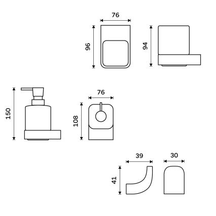 NIMCO NKC set-31K-T-90 - Zidni dozator za tečni sapun, držač za četkice za zube i zidna kuka NIKAU 320 ml bela/mat crna