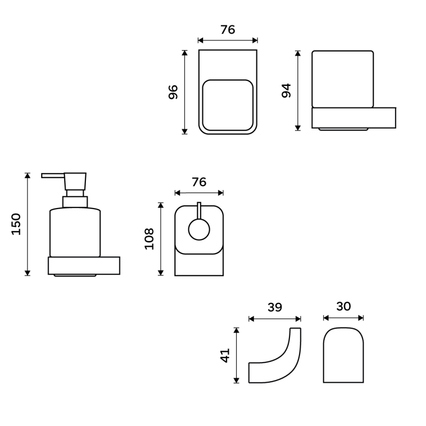 NIMCO NKC set-31K-T-90 - Zidni dozator za tečni sapun, držač za četkice za zube i zidna kuka NIKAU 320 ml bela/mat crna