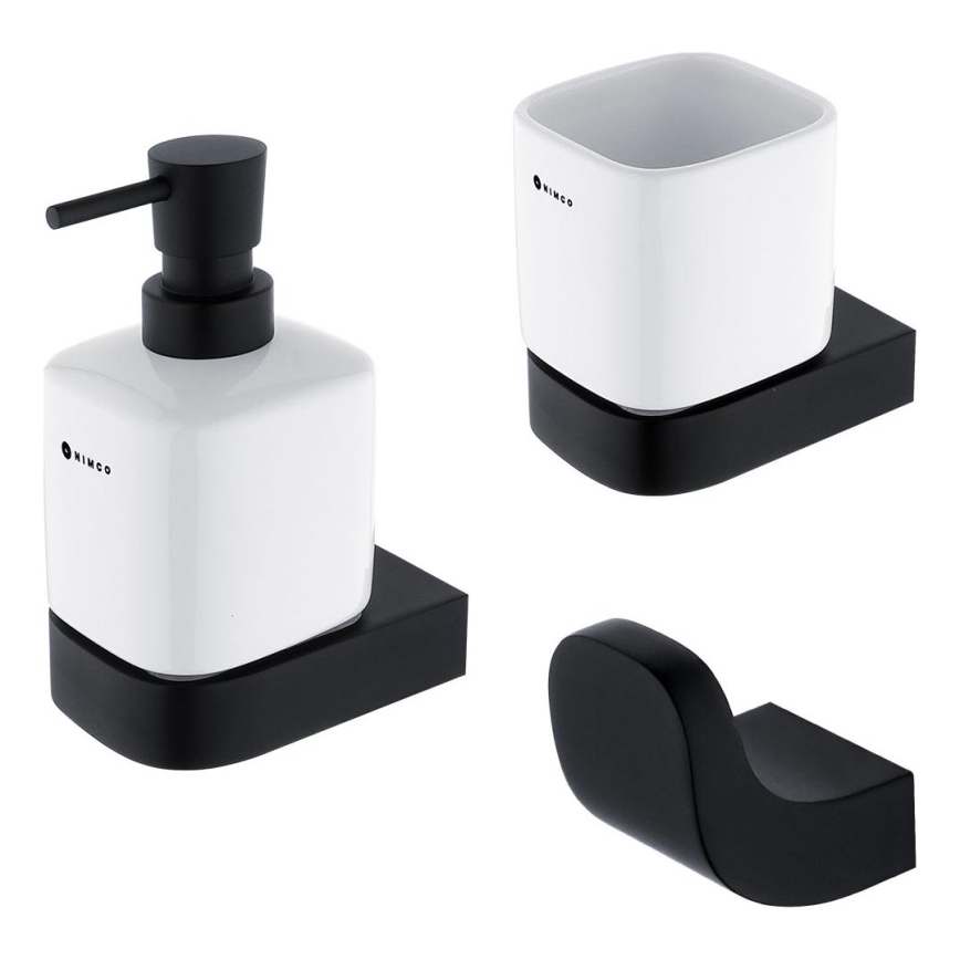 NIMCO NKC set-31K-T-90 - Zidni dozator sapuna, držač četkica za zube i zidna kukica NIKAU 320 ml bela/matirana crno