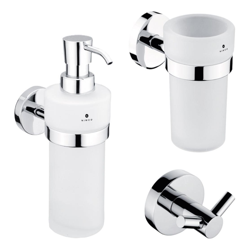 NIMCO UN set-31W-26 - Zidni dozator sapuna, držač četkica za zube i zidna kukica UNIX 250 ml matirana Staklo/sjajni krom