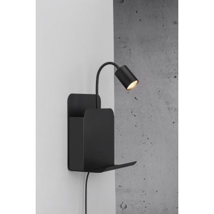 Nordlux - Zidna reflektorska lampa sa policom i USB ROOMI 1xGU10/8W/230V crno