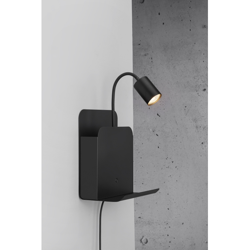 Nordlux - Zidna reflektorska lampa sa policom i USB ROOMI 1xGU10/8W/230V crno