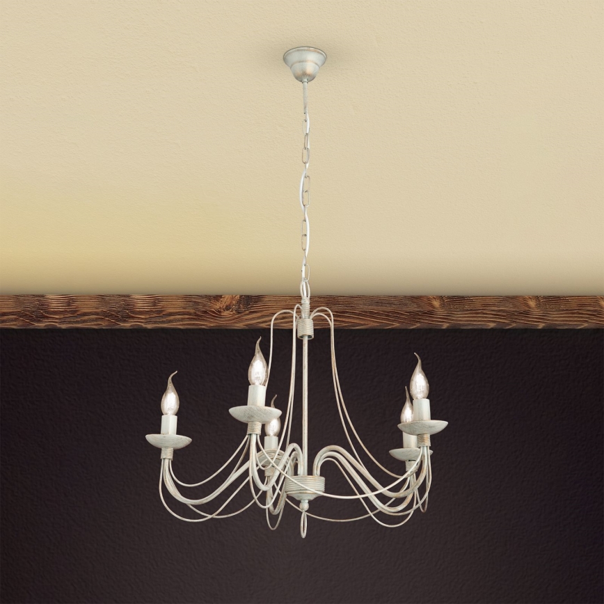 Luster na lancu VELA 5xE14/40W/230V pr. 60 cm bela/zlatna/patina