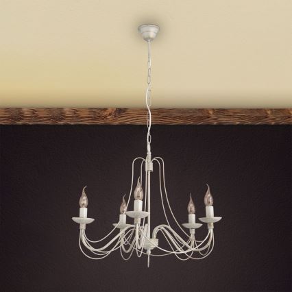 Luster na lancu VELA 5xE14/40W/230V pr. 60 cm bela/zlatna/patina