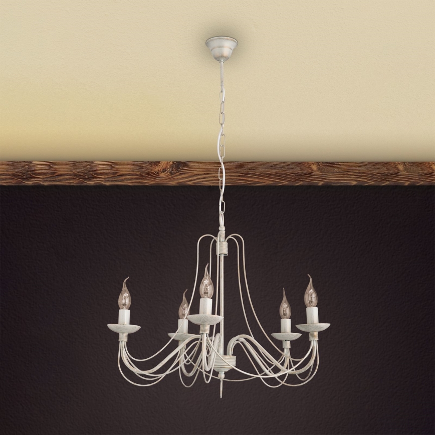 Luster na lancu VELA 5xE14/40W/230V pr. 60 cm bela/zlatna/patina