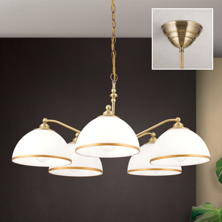 Luster na lancu OLD LAMP 5xE27/40W/230V pr. 75 cm bela/mesing