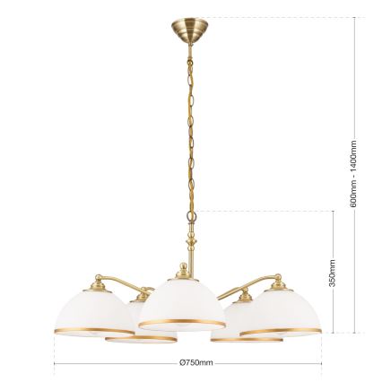 Luster na lancu OLD LAMP 5xE27/40W/230V pr. 75 cm bela/mesing