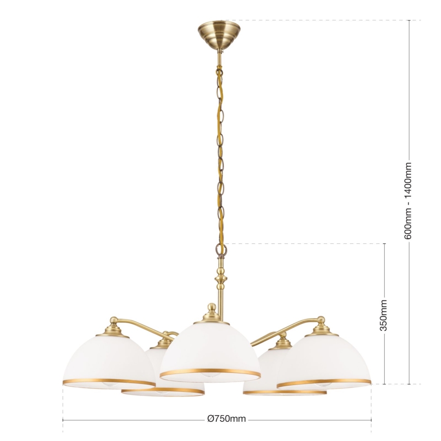 Luster na lancu OLD LAMP 5xE27/40W/230V pr. 75 cm bela/mesing