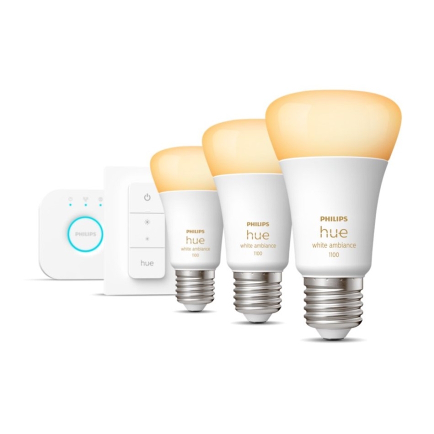 Osnovni set Philips Hue White Ambiance 3xE27/11W 2200-6500K + uređaj za povezivanje i Daljinski upravljač