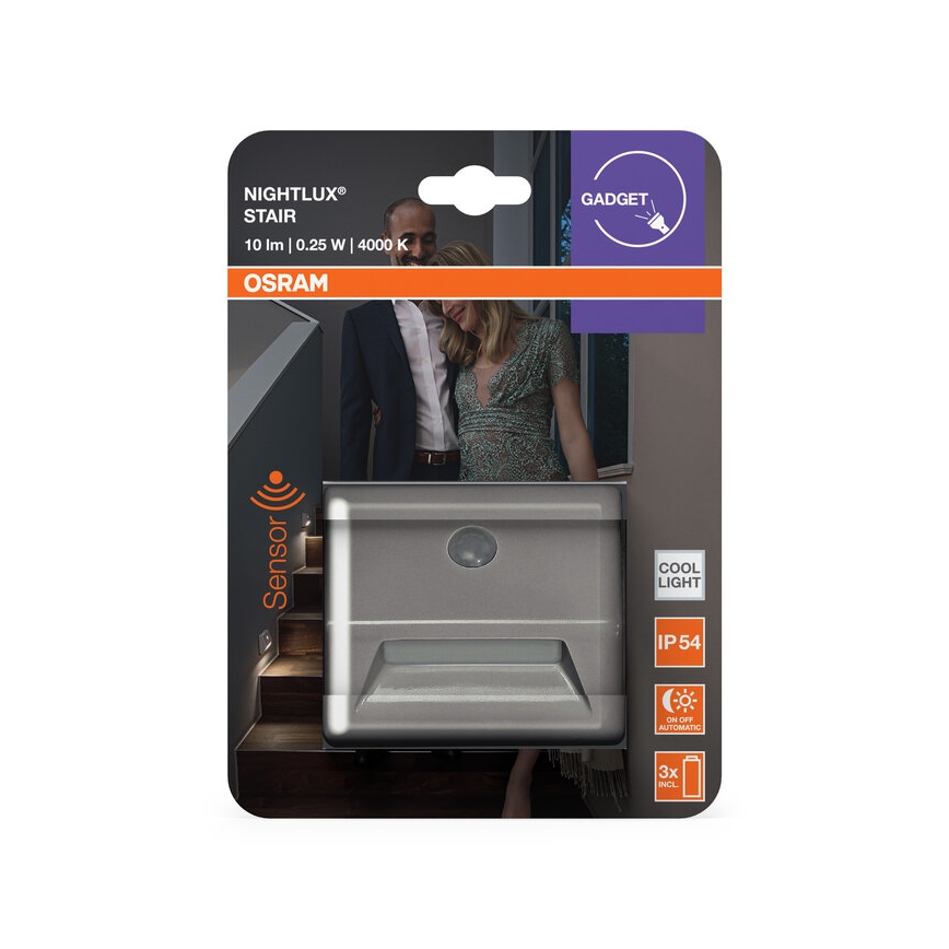 Osram - LED svetlo za stepenište sa senzorom NIGHTLUX LED/0,25W/3xAAA IP54 srebrna