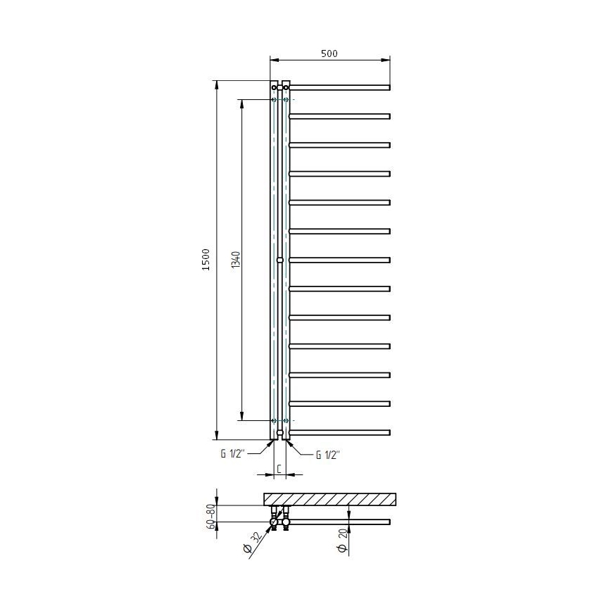 P.M.H. AP2W-L - Peškirni radijator za kupatilo APOLLO 346W 150 cm desna/bela
