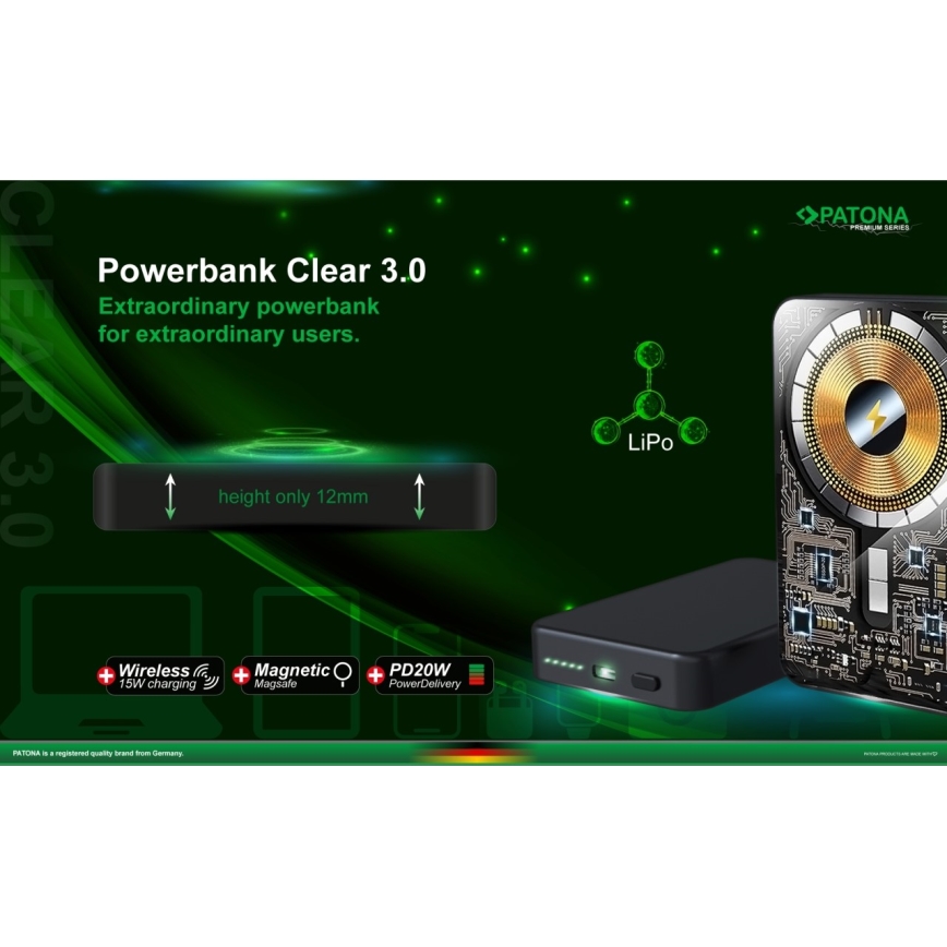 PATONA - Power bank 10 000 mAh Li-Pol, PD 20 W, MagSafe, USB-C i Qi punjenje