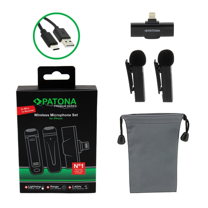 PATONA - Set 2x Bežični mikrofon sa štipaljkom za iPhone USB-C 5V
