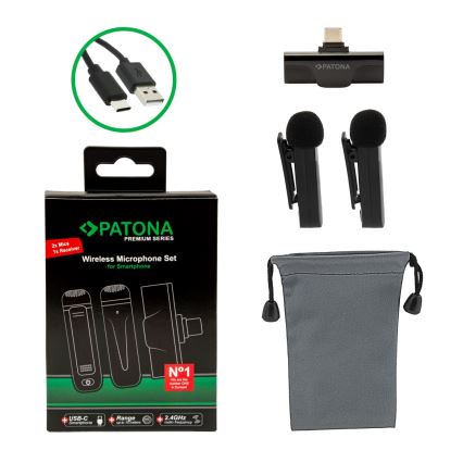 PATONA - Set 2x Bežični mikrofon sa štipaljkom za Smartphone USB-C 5V