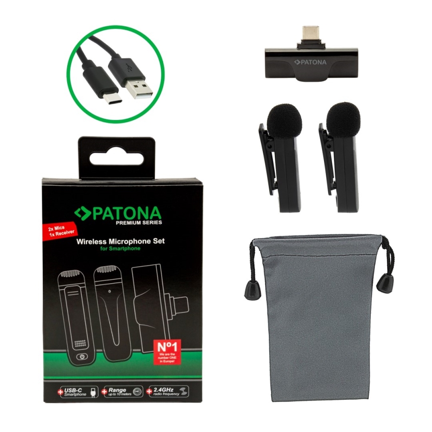 PATONA - Set 2x Bežični mikrofon sa štipaljkom za Smartphone USB-C 5V