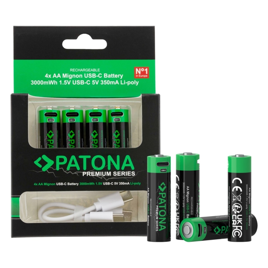PATONA - Set 4x Baterija AA/LR6 Li-Pol 2000mAh 1,5Vs sa USB-C punjenjem