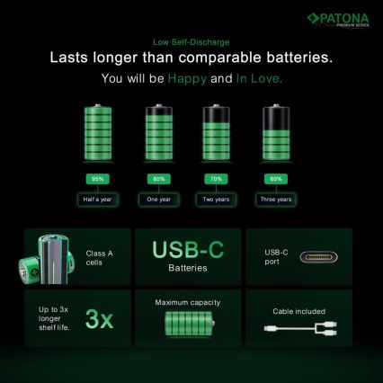 PATONA - Set 4x Baterija AA/LR6 Li-Pol 2000mAh 1,5Vs sa USB-C punjenjem