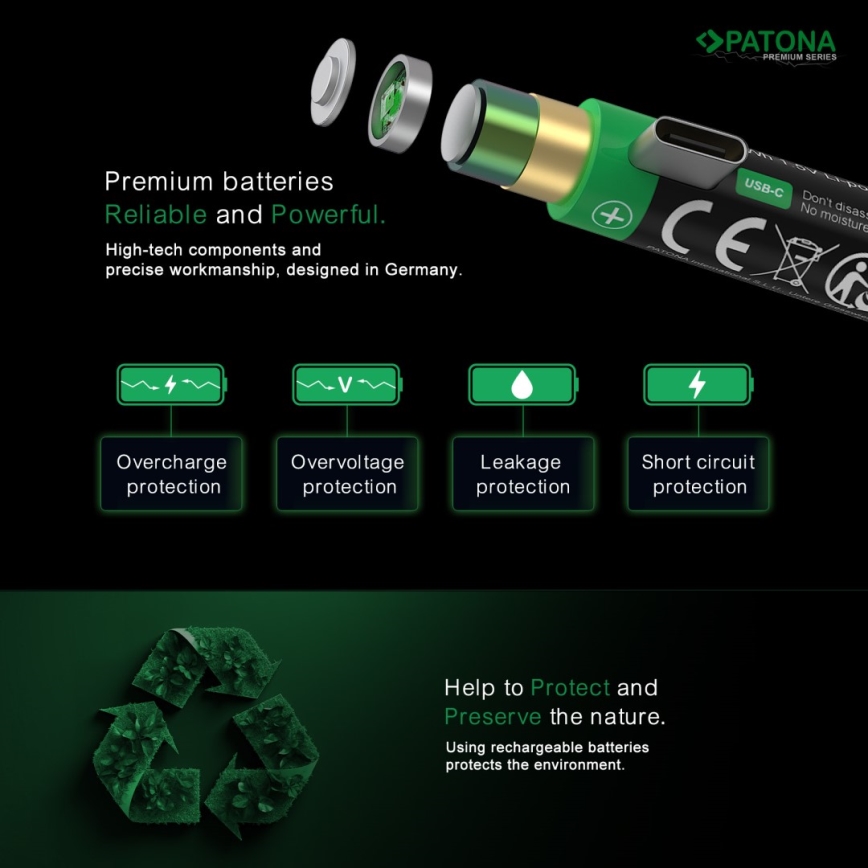 PATONA - Set 4x Baterija AA/LR6 Li-Pol 2000mAh 1,5Vs sa USB-C punjenjem