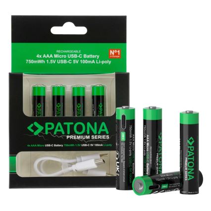 PATONA - Set 4x Baterija AAA/LR03 Li-Pol 500mAh 1,5V sa USB-C punjenjem