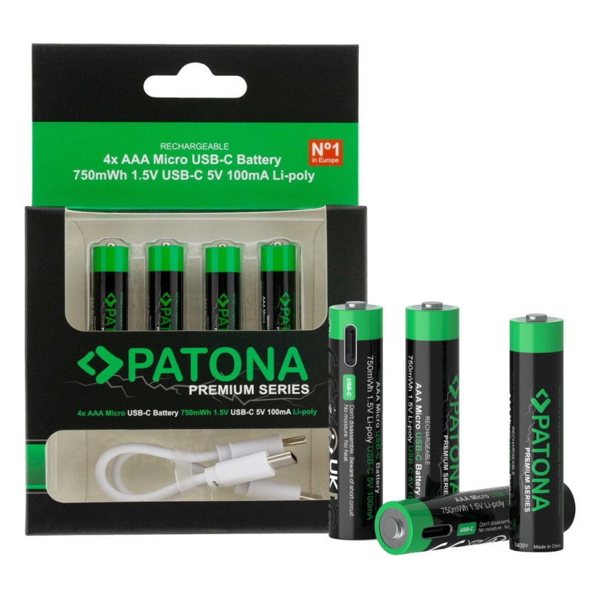 PATONA - Set 4x Baterija AAA/LR03 Li-Pol 500mAh 1,5V sa USB-C punjenjem