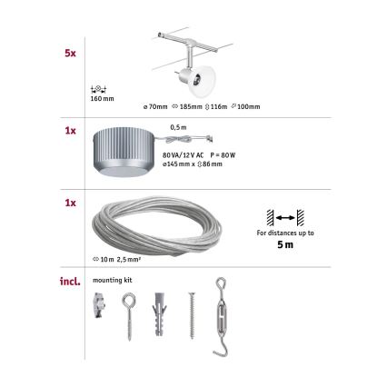 Paulmann 94136 - Set 5xGU5,3/10W Reflektorska lampa za šinski sastav SHEELA 230V sjajni krom