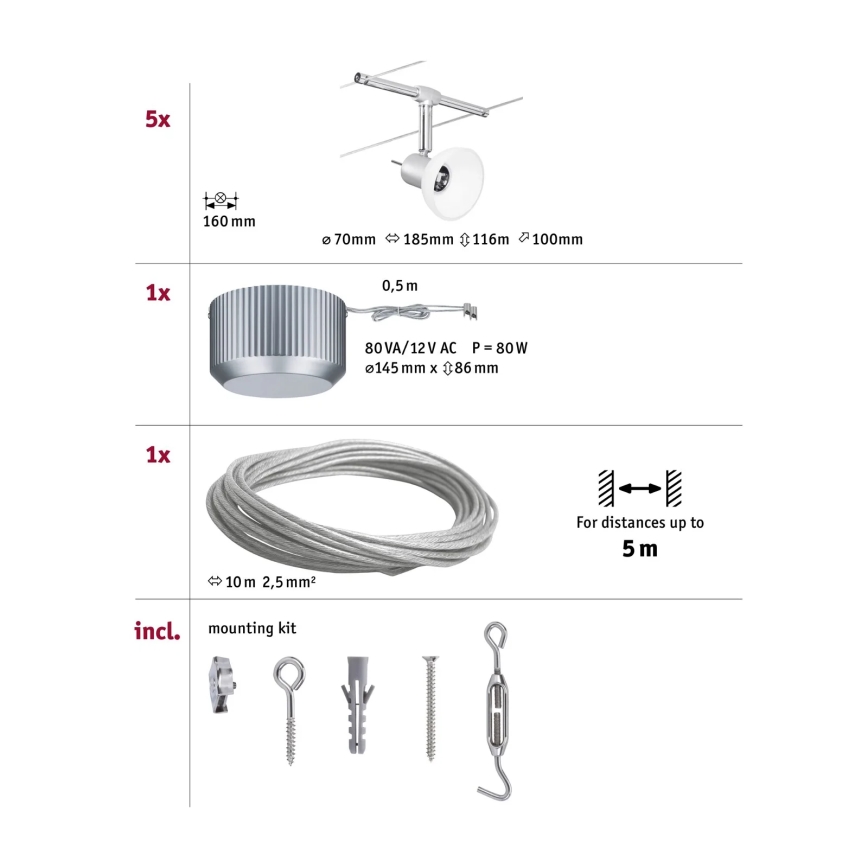 Paulmann 94136 - Set 5xGU5,3/10W Reflektorska lampa za šinski sastav SHEELA 230V sjajni krom