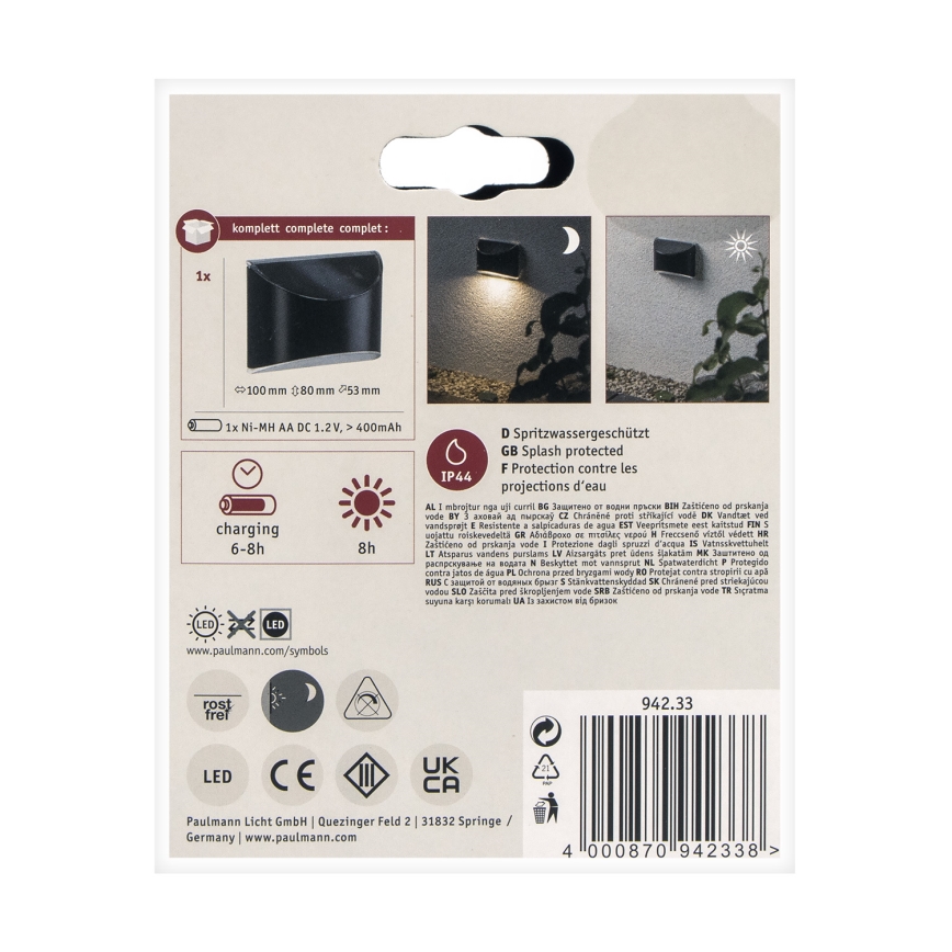 Paulmann 94233 - LED/0,05W IP44 Solarna zidna lampa ELLIOT 1,2V 400 mAh